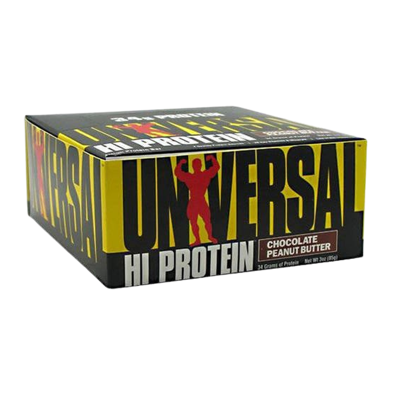 caja hi protein universal chocolate peanut butter contiene 16 barritas de proteína