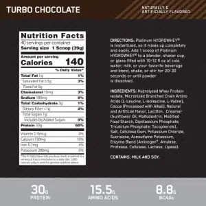 platinum hydro whey optimum nutrition turbo chocolate información nutricional