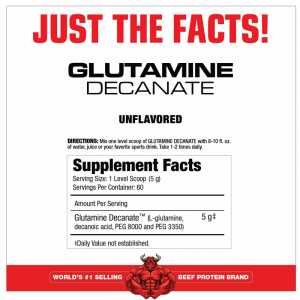 glutamine decanate unflavored 300 gramos musclemeds tabla nutricional