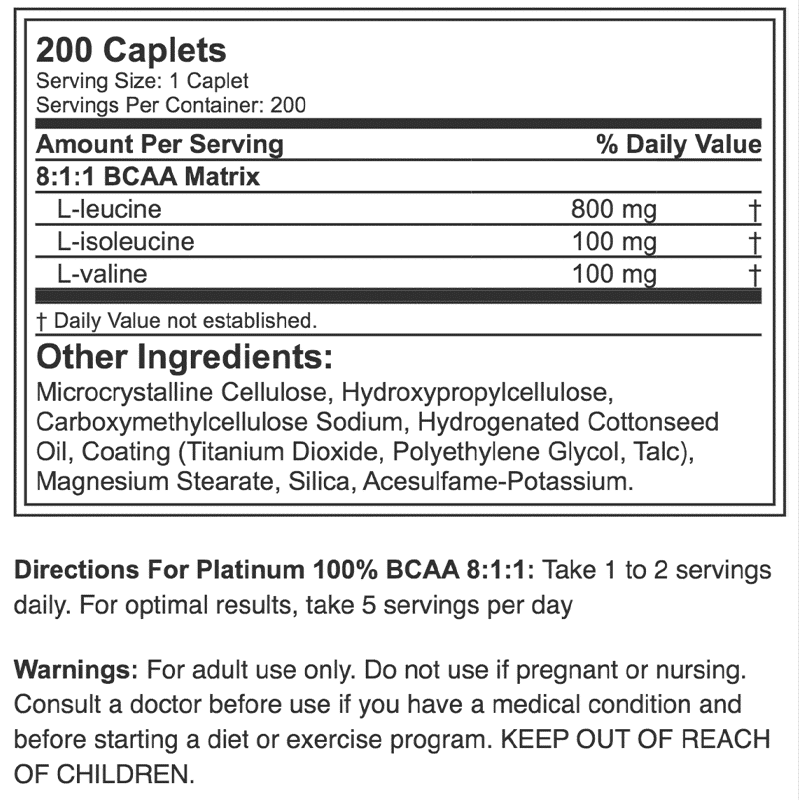 platinum 100 bcaa 200 capsulas muscletech información nutricional