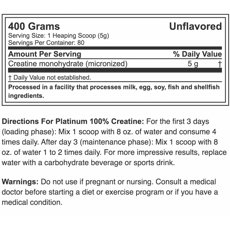 platinum 100 creatine sin sabor 400 gramos muscletech información nutricional