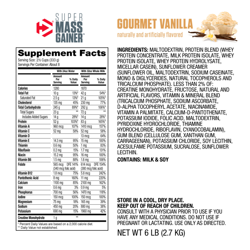 super mass gainer dymatize gourmet vanilla 6 libras 2,7 kilogramos información nutricional