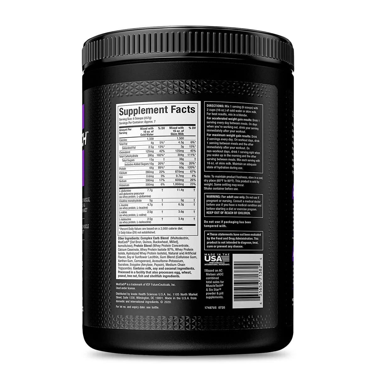 100% mass gainer muscletech vainilla 5,15 libras 7 porciones información nutricional