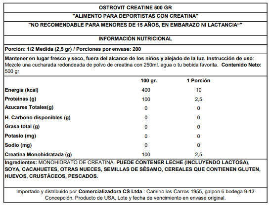 CREATINE MONOHYDRATE OSTROVIT 500 GRS información nutricional