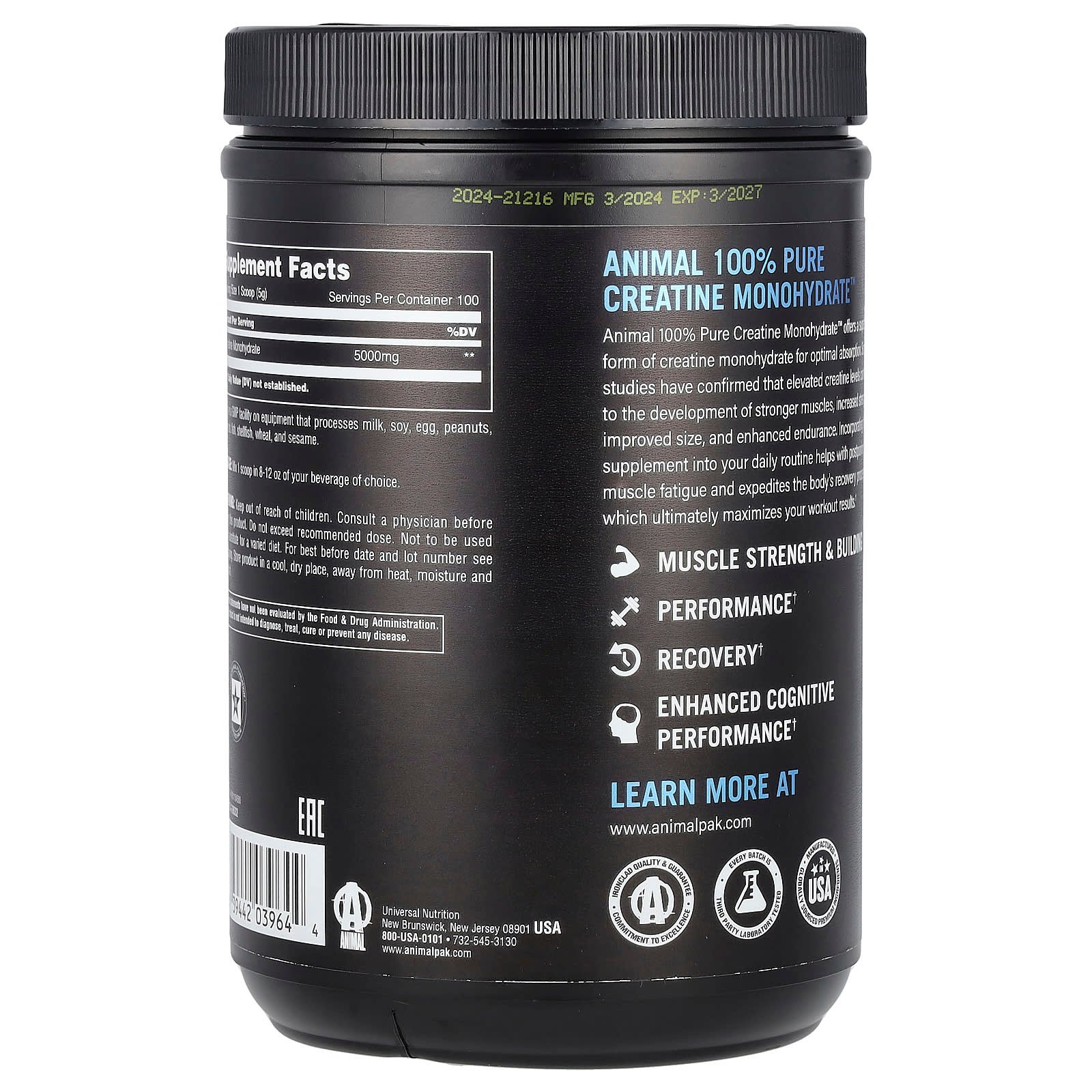 28 100 pure creatine monohydrate animal 500 gramos sin sabor