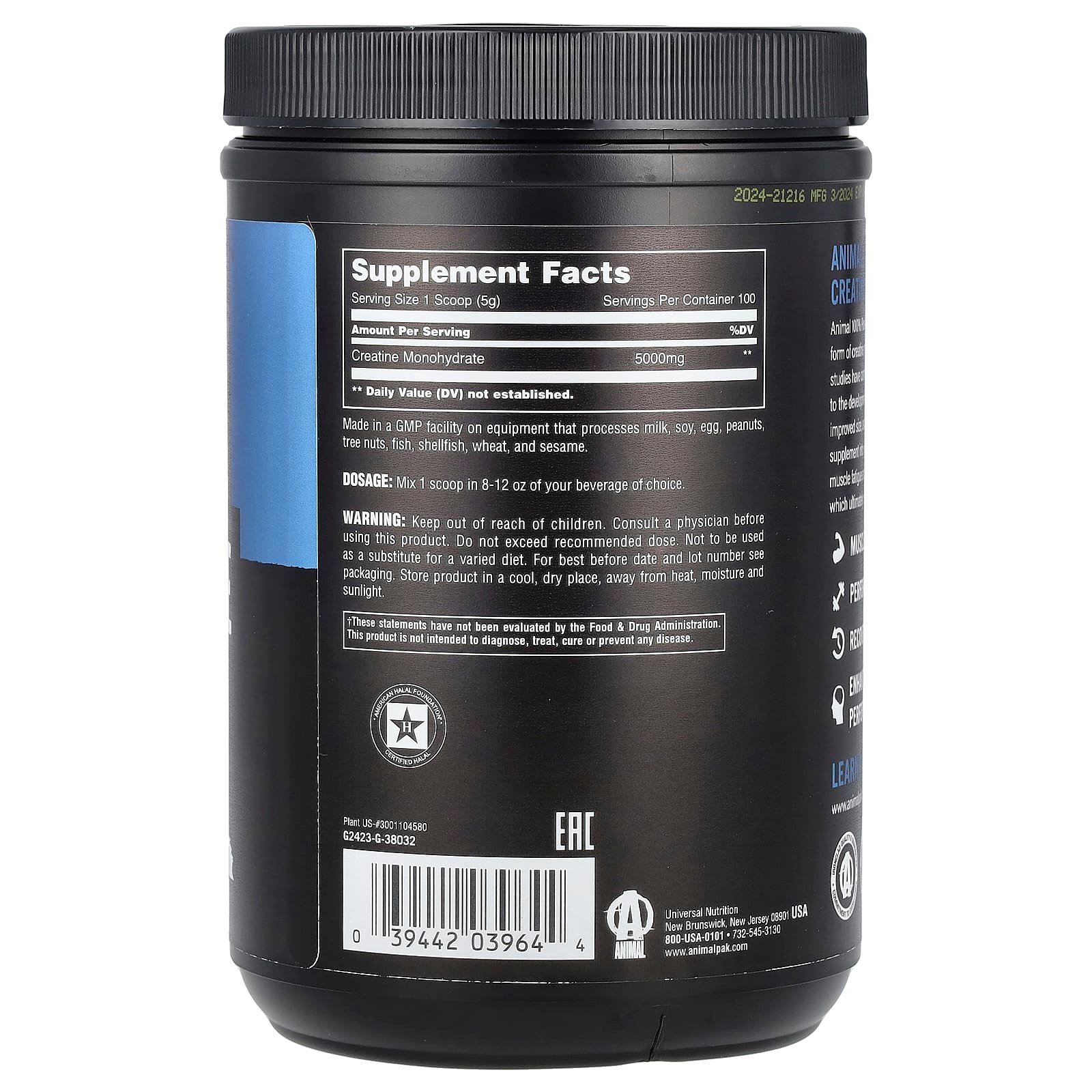 29 100 pure creatine monohydrate animal 500 gramos sin sabor