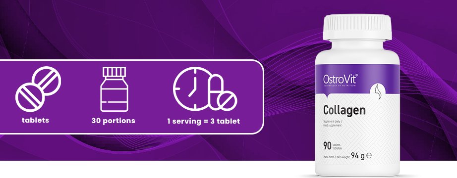 Modo de uso OstroVit Collagen: 1 porción de 3 tabletas, 30 porciones por frasco