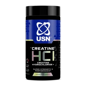 Creatina HCl USN de 100 cápsulas, frasco negro con tapa negra