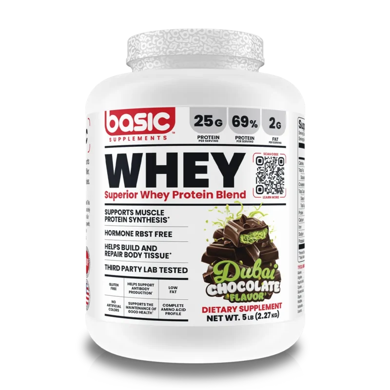 Basic-Whey-5lb-Dubai-chocolate.webp Basic Whey Protein Dubai Chocolate 5 libras 65 porciones
