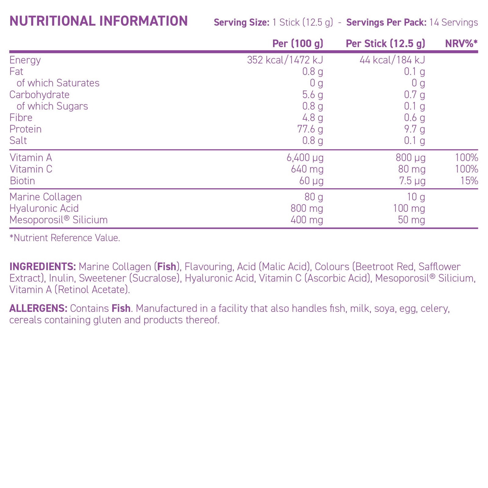 Collagen_-_Nutritonals_-_Strawberry.jpg Panel nutricional Coleen Rooney Collagen: colágeno marino, ácido hialurónico y vitaminas por stick de 12,5 g