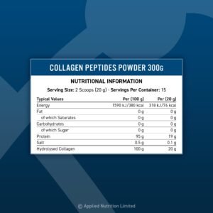 Panel nutricional Applied Nutrition Collagen Peptides: 20 g de colágeno y 19 g de proteína por porción, 15 porciones