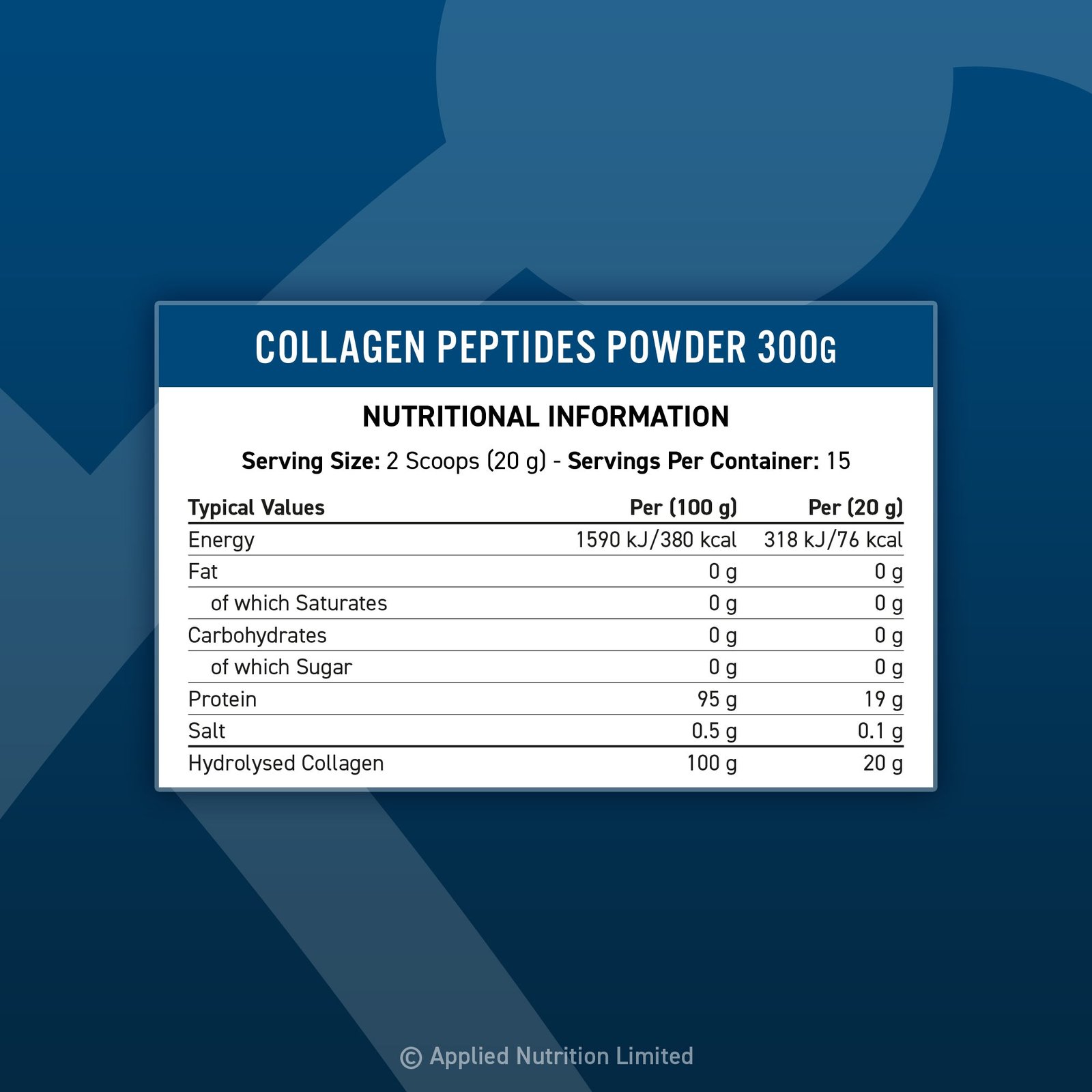 Panel nutricional Applied Nutrition Collagen Peptides: 20 g de colágeno y 19 g de proteína por porción, 15 porciones