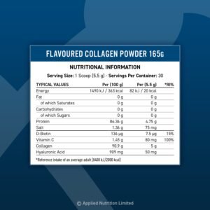 Panel nutricional Applied Nutrition Flavoured Collagen: 5 g de colágeno y 80 mg de Vitamina C por porción