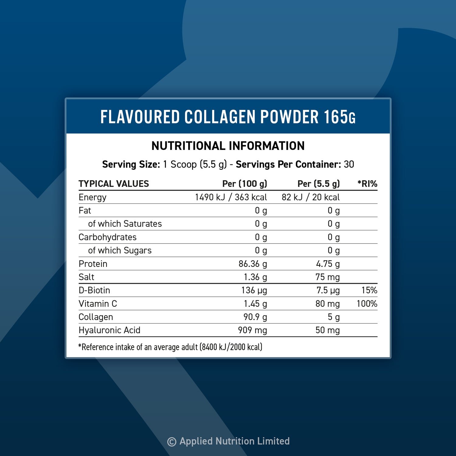 Panel nutricional Applied Nutrition Flavoured Collagen: 5 g de colágeno y 80 mg de Vitamina C por porción