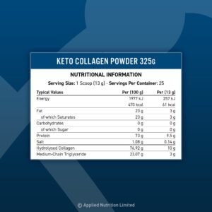 Panel nutricional Applied Nutrition Keto Collagen: 10 g de colágeno y 3 g MCT por porción