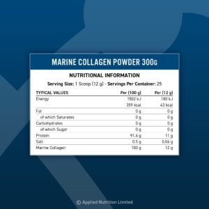 Marine_Collagen_300g_Nutritionals.jpg Panel nutricional Applied Nutrition Marine Collagen 300 g: 12 g de colágeno por porción, 25 porciones