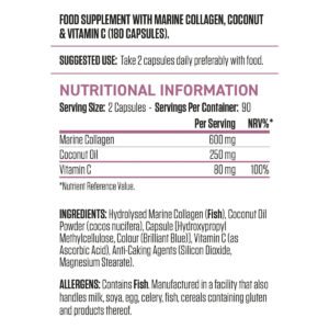 Panel nutricional Applied Nutrition Collagen + Coconut: 600 mg de colágeno marino por porción, 90 porciones