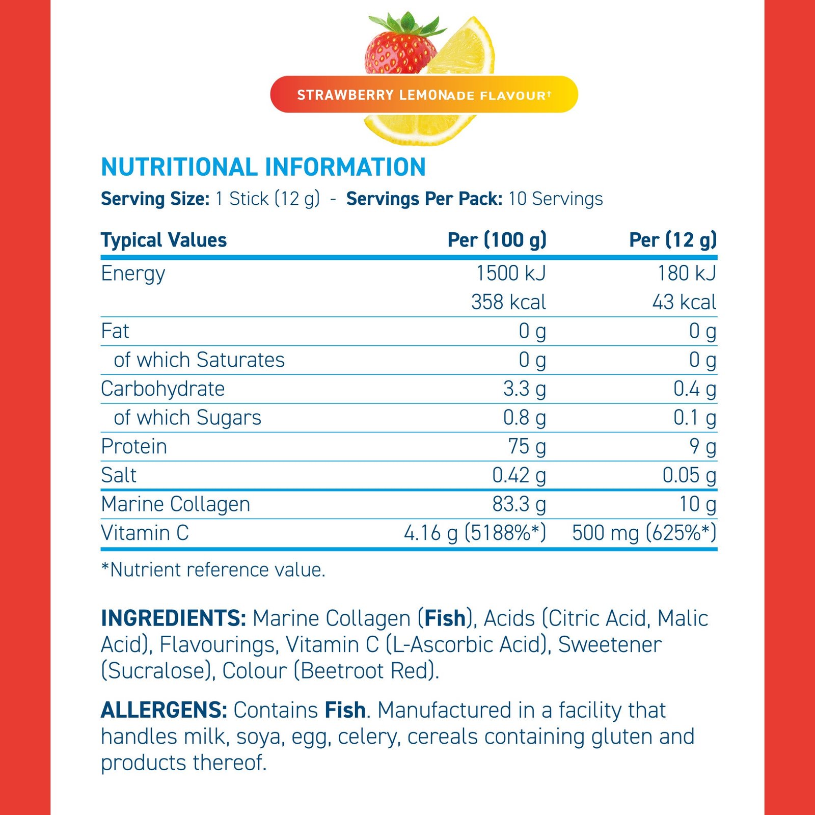 NutritionalsSL.jpg Panel nutricional Applied Nutrition Marine Collagen Sticks: 10 g de colágeno y 500 mg de vitamina C por stick