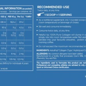 Panel nutricional USN 100% Pure Collagen: 5 g de colágeno por porción, 40 porciones