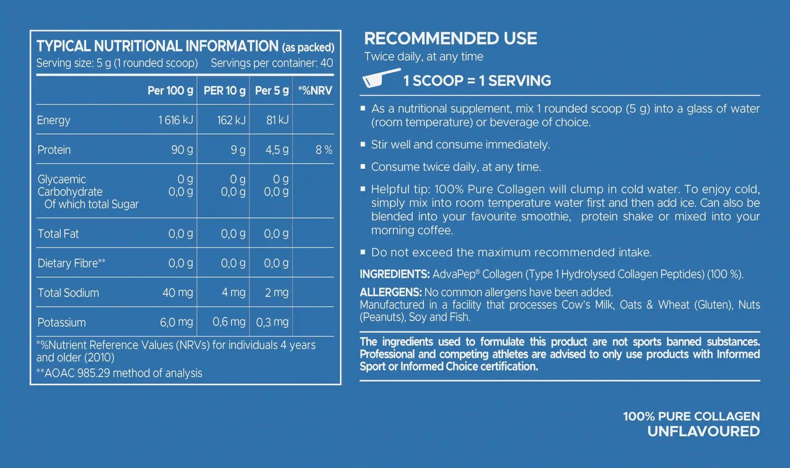 Panel nutricional USN 100% Pure Collagen: 5 g de colágeno por porción, 40 porciones