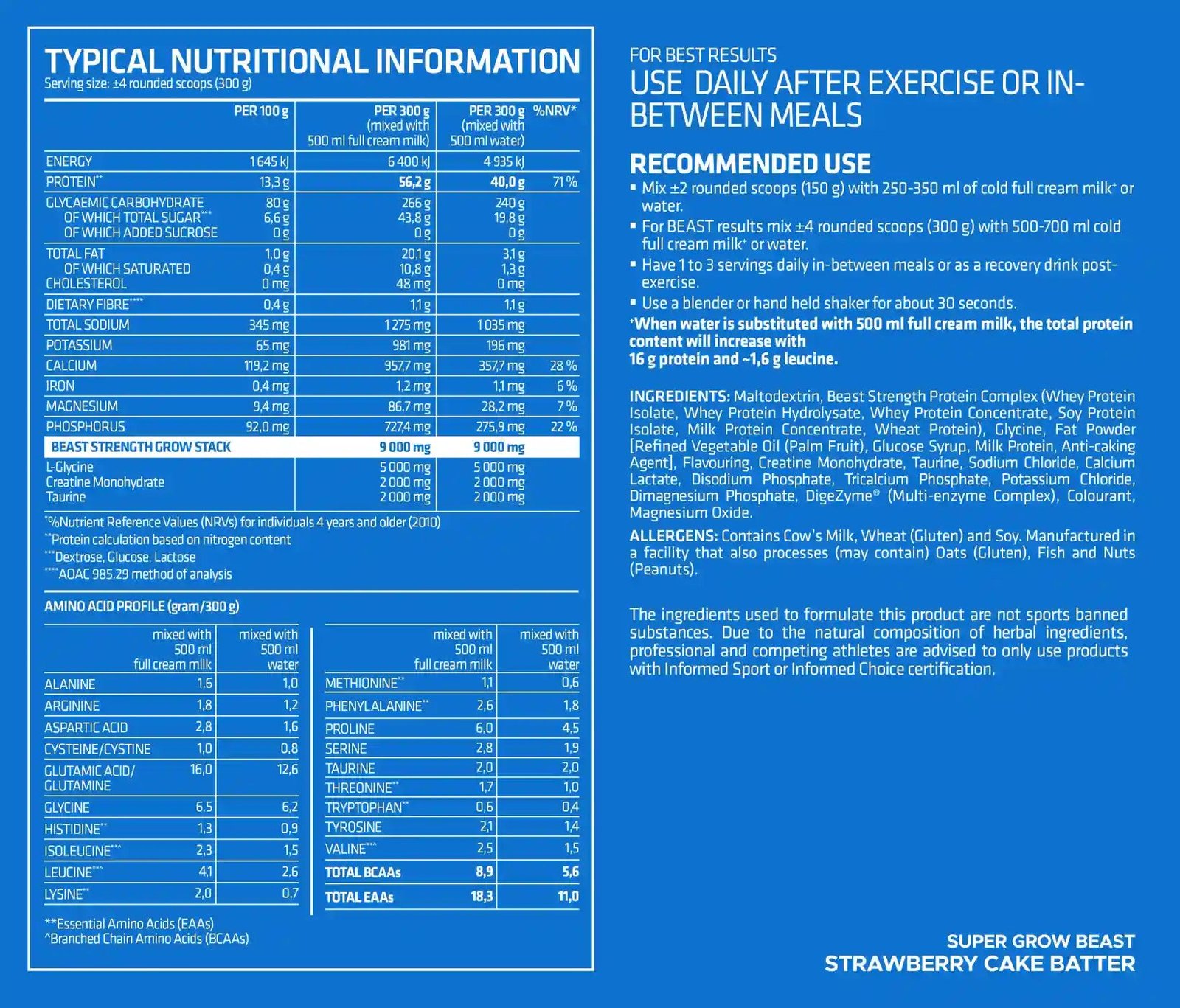 usn-super-grow-beast-panel-nutricional-strawberry Panel nutricional USN Super Grow Beast Strawberry: 40 g de proteína por porción de 300 g