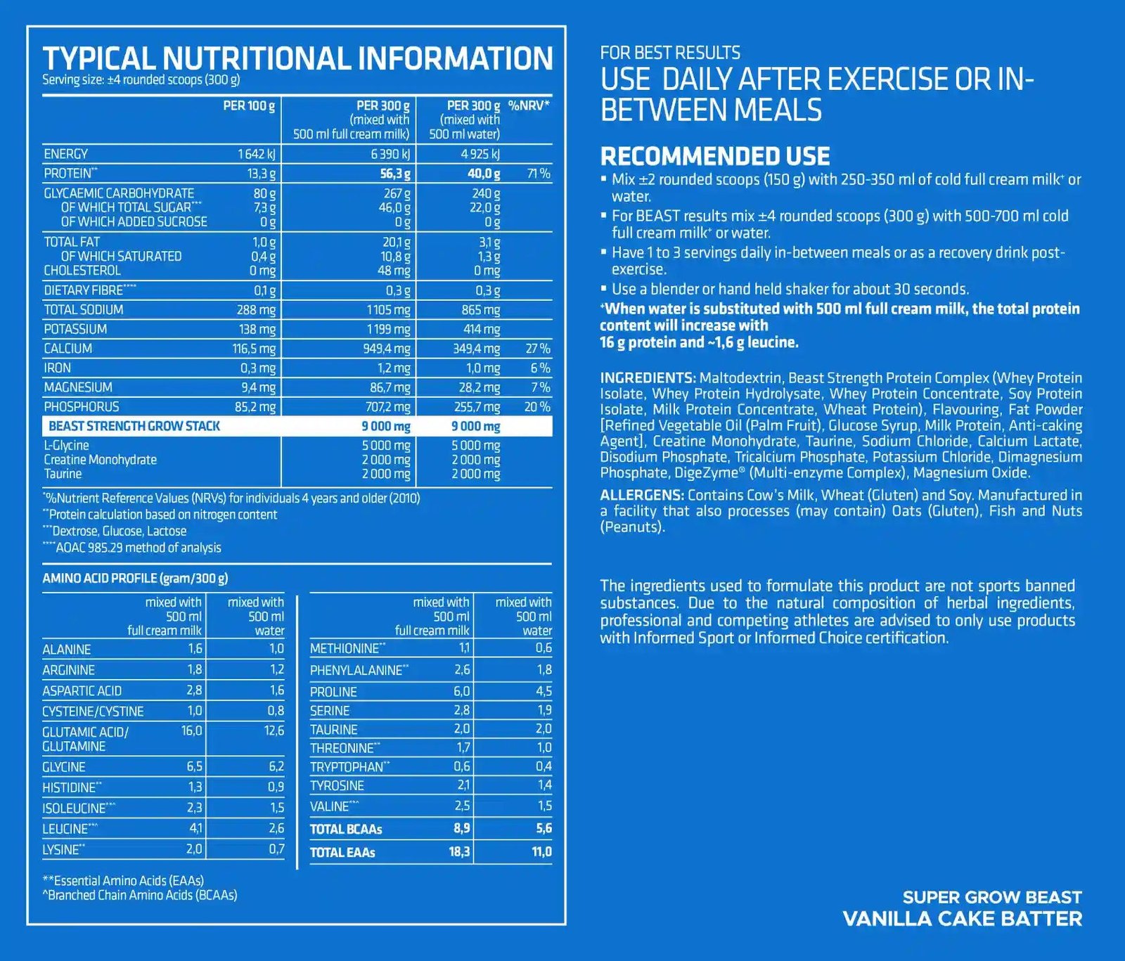 usn-super-grow-beast-panel-nutricional-vanilla Panel nutricional USN Super Grow Beast Vanilla: 40 g de proteína por porción de 300 g