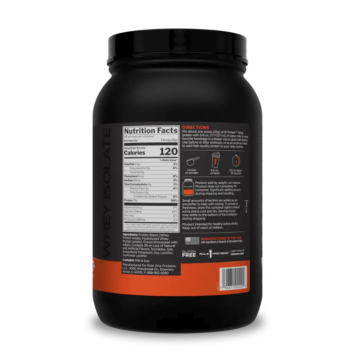 Whey-Isolate-Rule-1-chocolate-fudge-2lb_2.webp Panel nutricional Rule 1 R1 Protein Whey Isolate: 25 g de proteína por scoop de 32 g