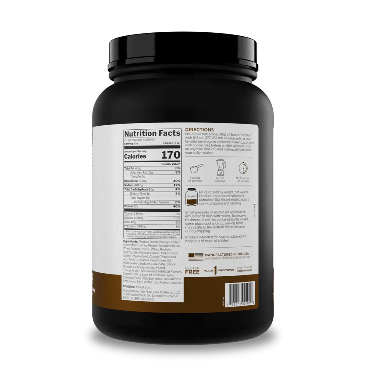 source-7-protein-Milk-chocolate-2lb_2.webp Panel nutricional Rule 1 Source 7 Protein: 22 g de proteína por scoop de 41 g