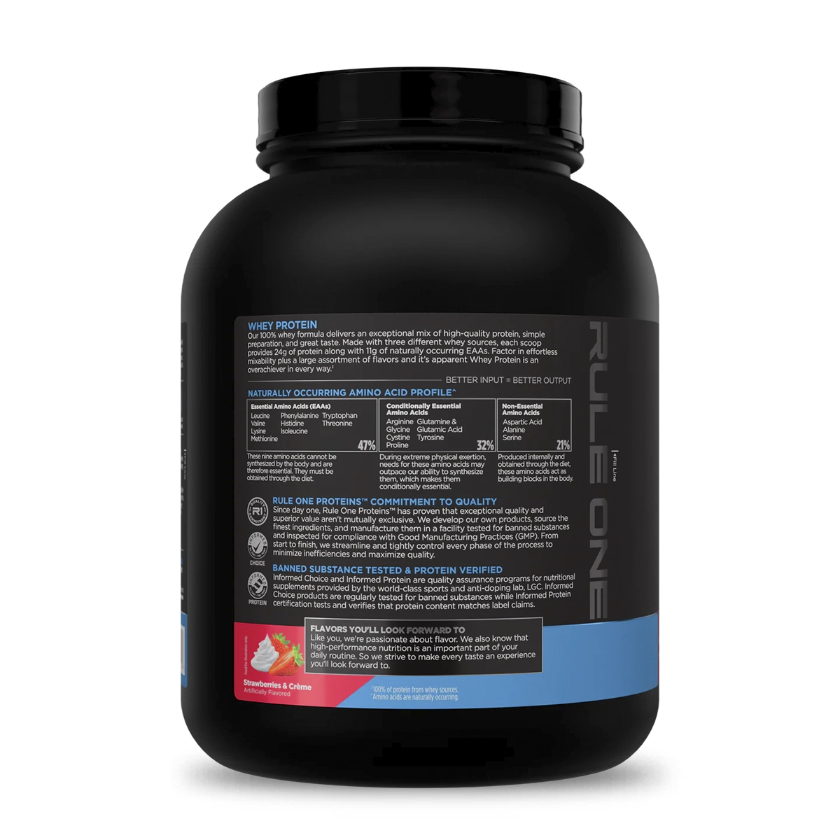 Perfil de aminoácidos y certificaciones Rule 1 Whey Protein