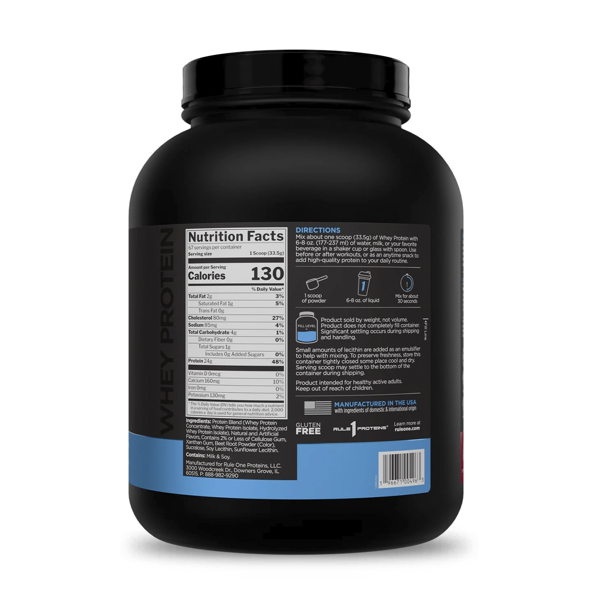 Panel nutricional Rule 1 Whey Protein: 24 g de proteína por porción, 67 porciones