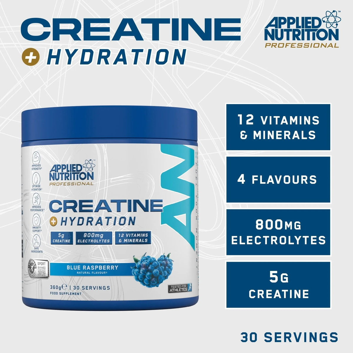 Applied Nutrition Creatine + Hydration: 5 g de creatina, 800 mg de electrolitos y 12 vitaminas y minerales