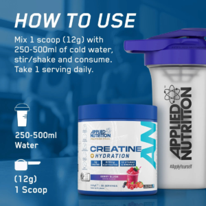 Modo de uso Applied Nutrition Creatine + Hydration: 1 medida de 12 g en 250 a 500 ml de agua fria