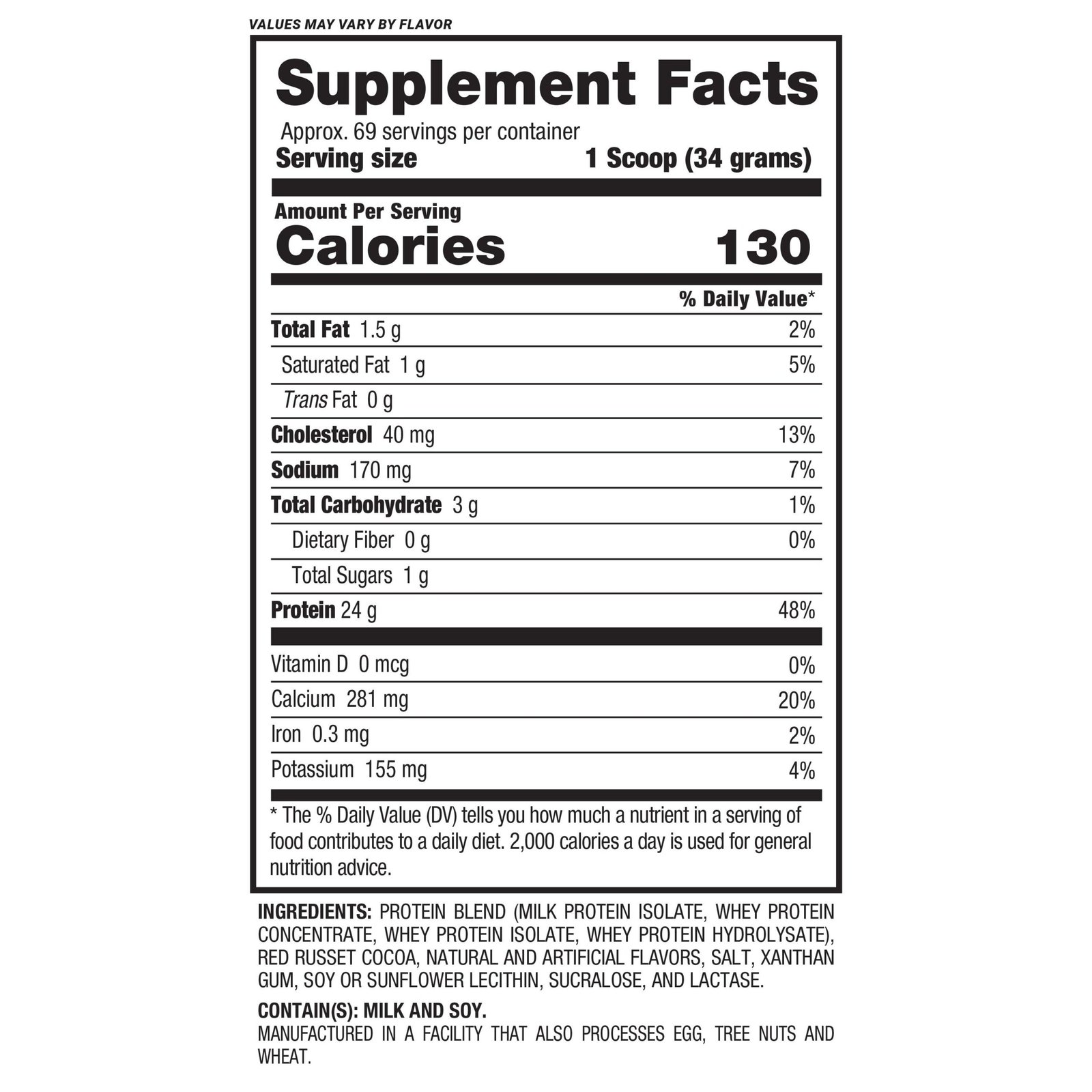 Panel Supplement Facts de BPI Best Protein sabor Chocolate Brownie con 24 g de proteína por medida de 34 g y 69 porciones