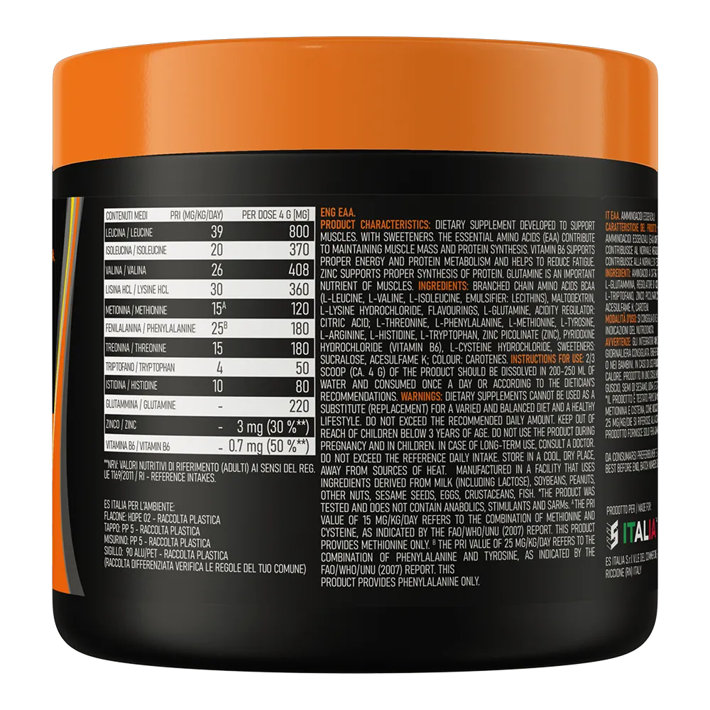 Panel nutricional Ethic Sport Amino EAA: 4 g por porción y 75 porciones por envase