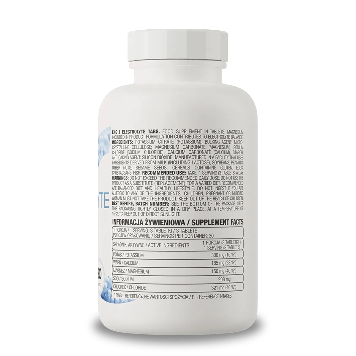 Panel nutricional OstroVit Electrolyte Tabs: potasio, calcio, magnesio y sodio por porción