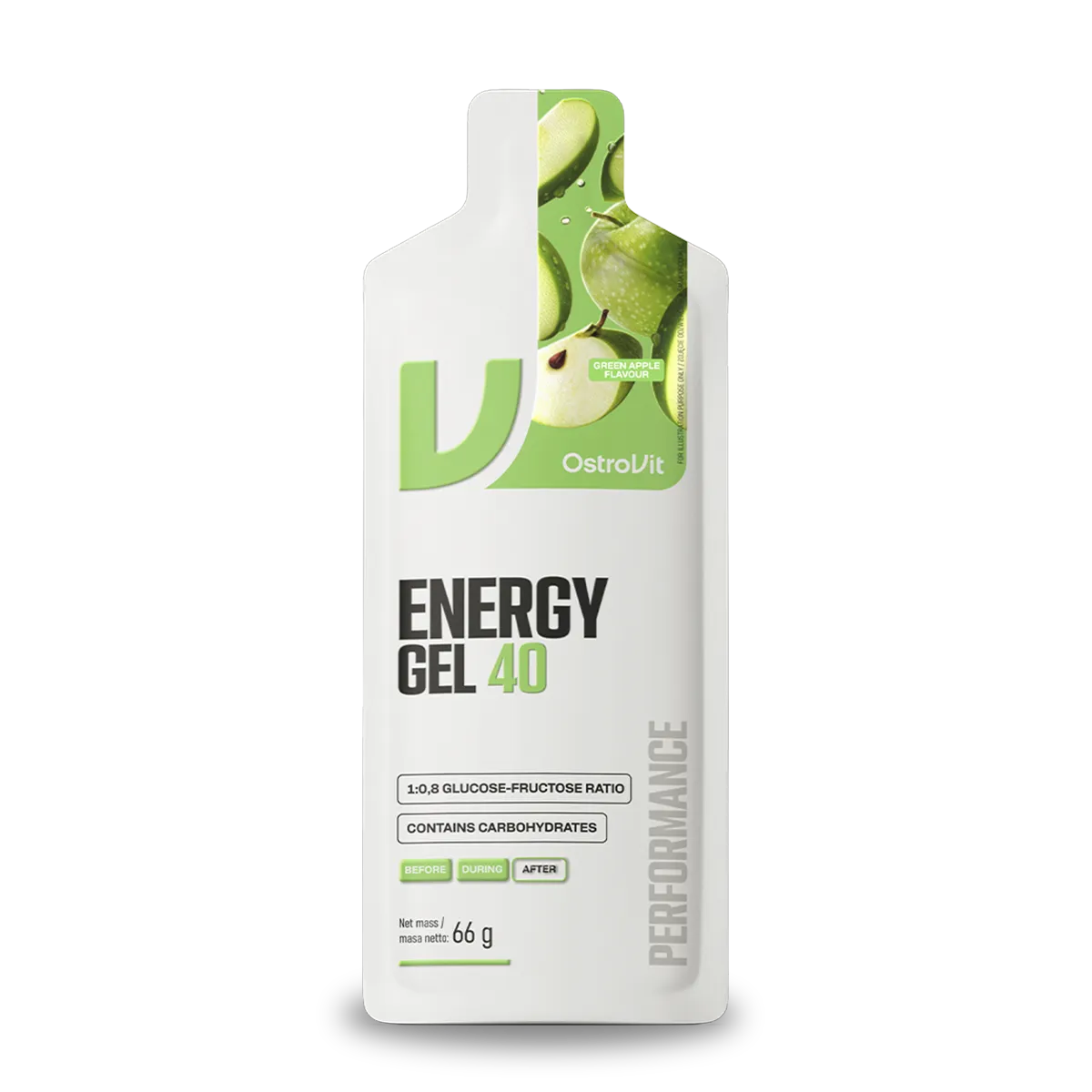 OstroVit Energy Gel 40 sabor manzana verde sobre de 66 gramos con 40 g de carbohidratos