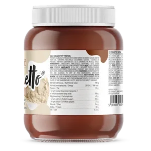 Panel nutricional Creametto Protein: 18 g de proteína por 100 g y 64 porciones
