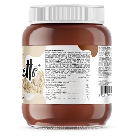 Panel nutricional Creametto Protein: 18 g de proteína por 100 g y 64 porciones