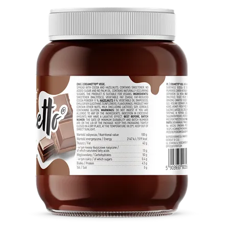 Panel nutricional Creametto Vege: 0,4 g de azúcares por 100 g y 70 porciones