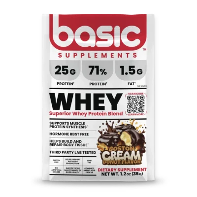 Muestra proteína whey Basic Supplements Boston Cream sobre de 35 gramos con 25 g de proteína