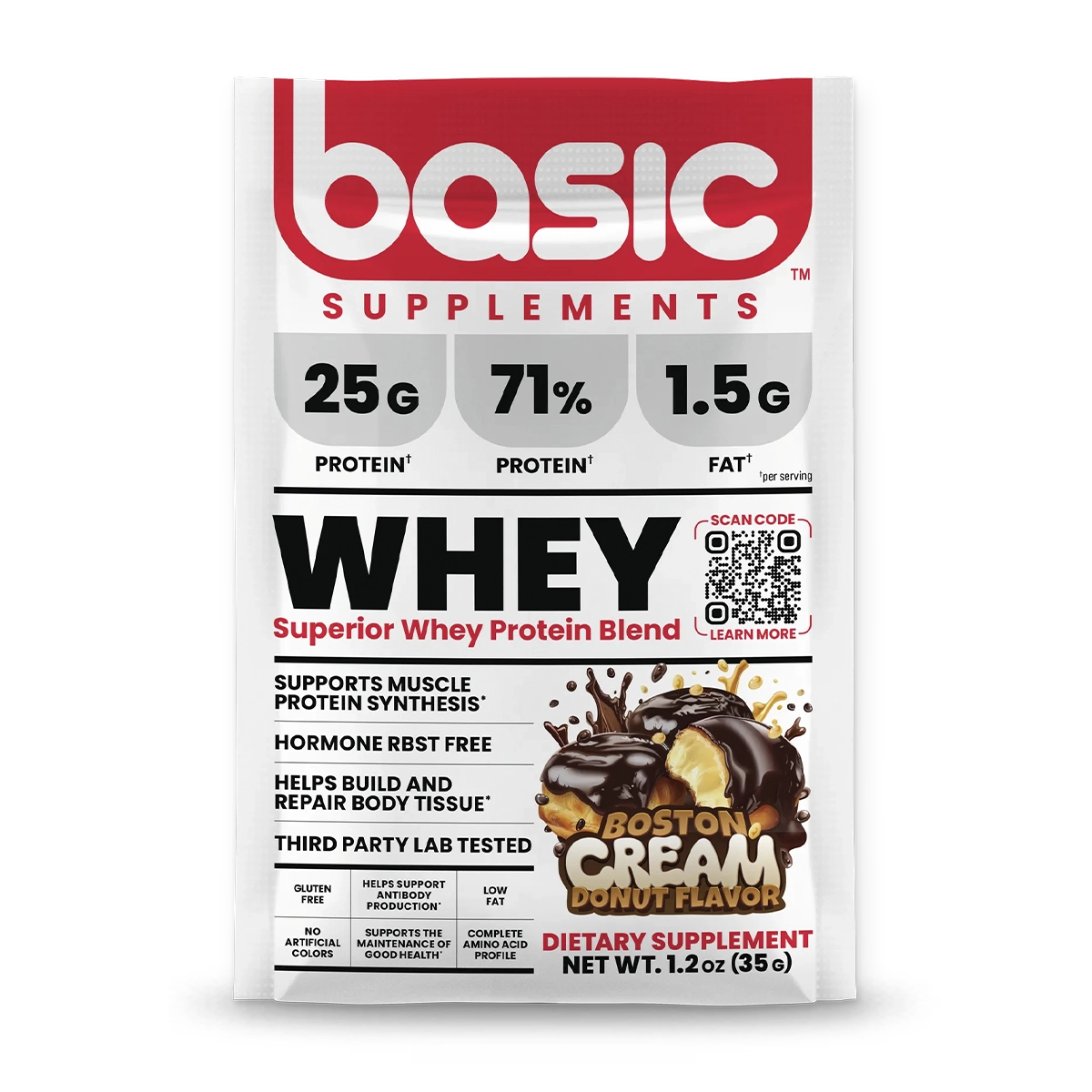 Muestra proteína whey Basic Supplements Boston Cream sobre de 35 gramos con 25 g de proteína