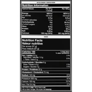 Panel nutricional de Mutant Whey con 22 g de proteína por porción de 37 gramos