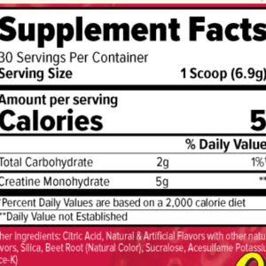Panel nutricional FINAFLEX Creatine Calypso: 5 g de creatina por medida de 6,9 gramos y 30 porciones