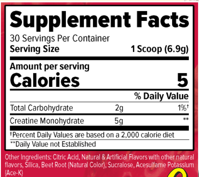 Panel nutricional FINAFLEX Creatine Calypso: 5 g de creatina por medida de 6,9 gramos y 30 porciones