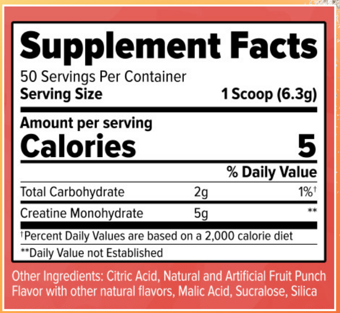 Panel nutricional FINAFLEX Creatine con sabor: 5 g de creatina monohidratada por medida de 6,3 gramos