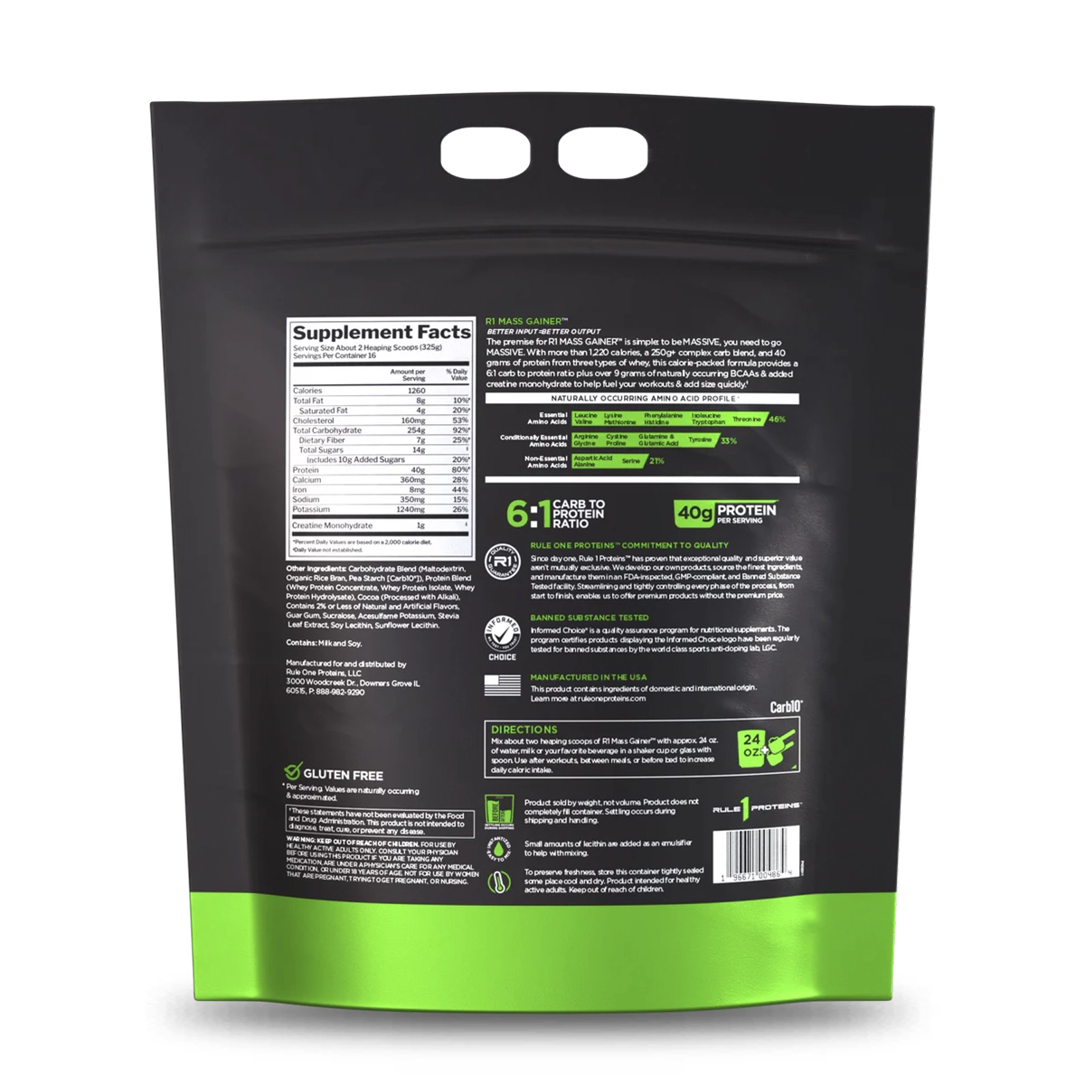 Panel nutricional Rule 1 R1 Mass Gainer Chocolate Fudge: 1.260 calorías y 40 g de proteína por porción