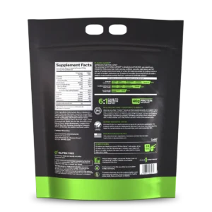 Panel nutricional Rule 1 R1 Mass Gainer Cookies and Crème: 1.230 calorías y 40 g de proteína por porción