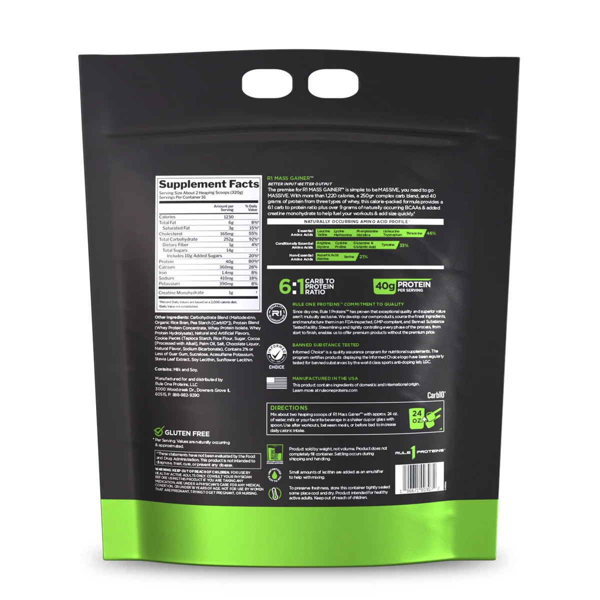 Panel nutricional Rule 1 R1 Mass Gainer Cookies and Crème: 1.230 calorías y 40 g de proteína por porción