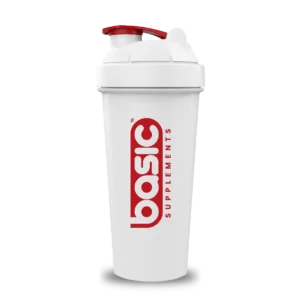 Shaker Back to Basic blanco con logo rojo de Basic Supplements