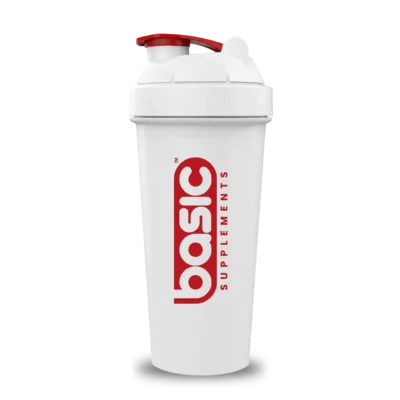Shaker Back to Basic blanco con logo rojo de Basic Supplements